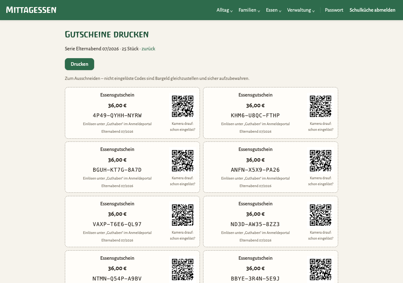 Druckansicht mit Gutscheinkarten, jede mit Code und QR-Code