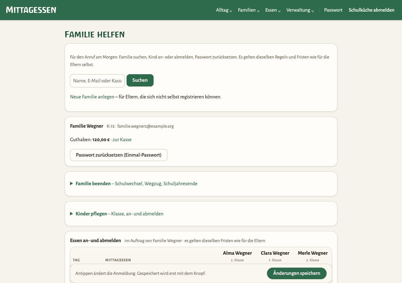 Familienseite mit Guthaben, Passwort-Knopf und Aufklappern