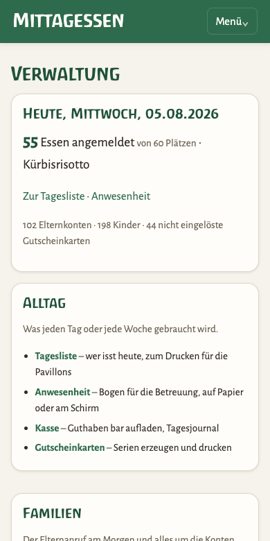 Startseite der Schulküche auf einem Telefon, Menü zugeklappt
