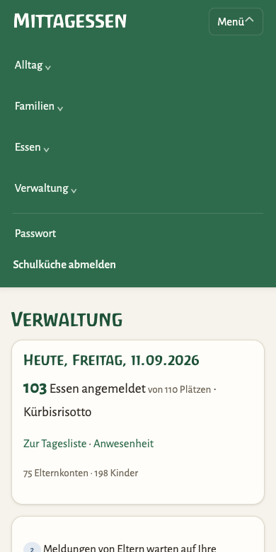 Aufgeklapptes Menü auf dem Telefon mit den vier Bereichen