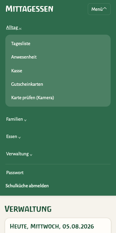 Aufgeklapptes Menü auf dem Telefon mit den vier Bereichen