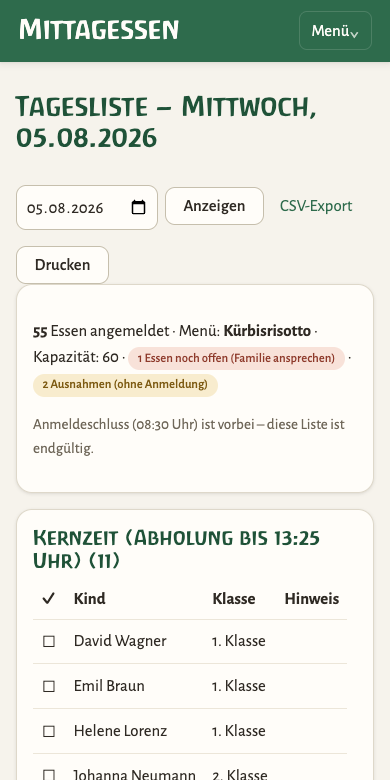Tagesliste auf dem Telefon