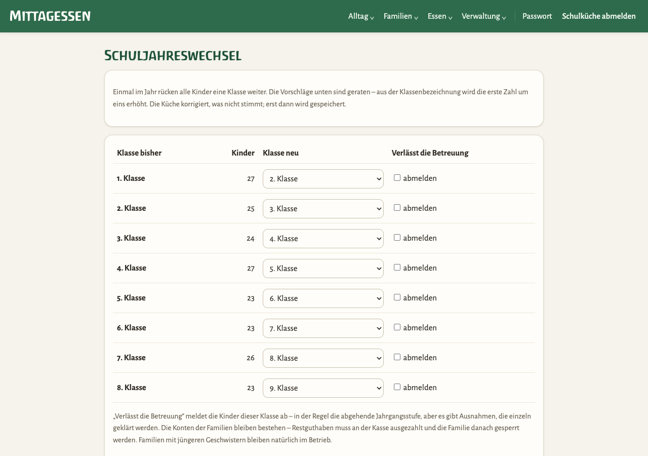 Schuljahreswechsel mit Klassen, Vorschlägen und Häkchen zum Abmelden