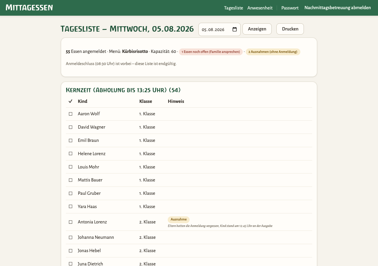 Tagesliste mit Kopfzeile und der Gruppe Kernzeit