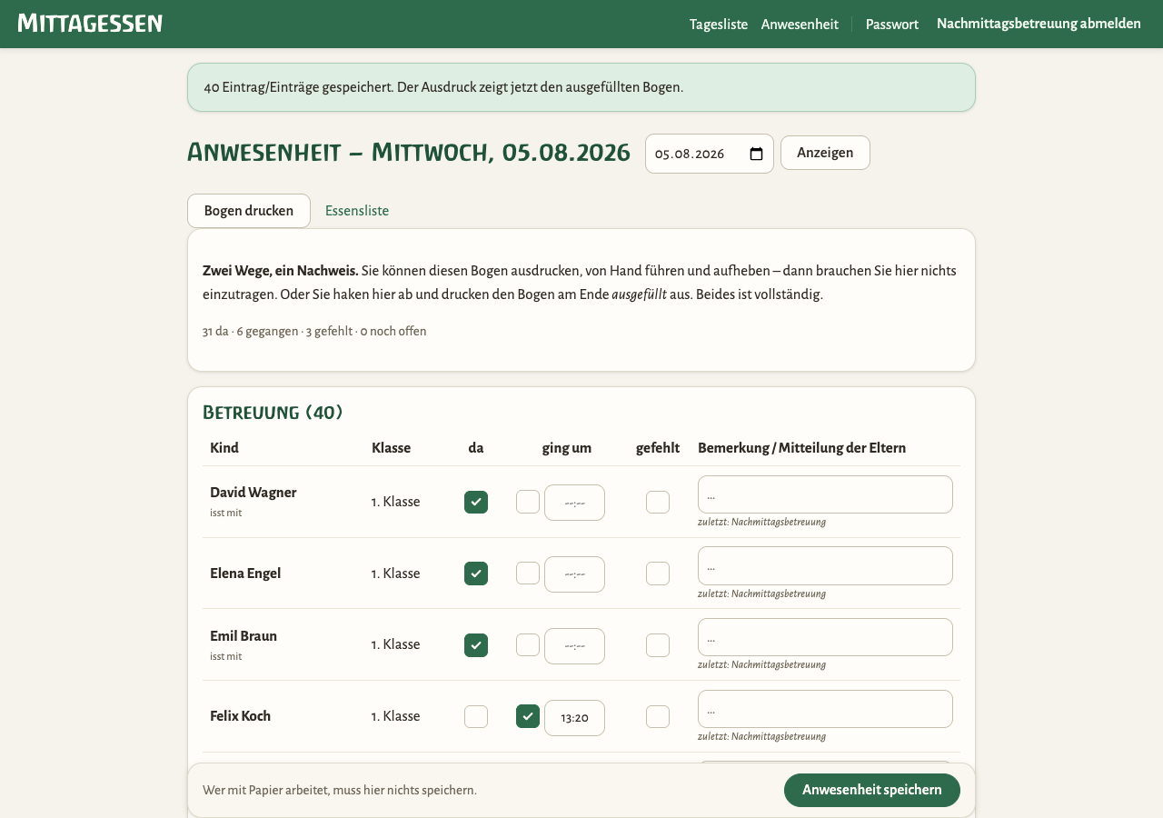 Anwesenheitsliste teilweise ausgefüllt mit Haken und Uhrzeiten
