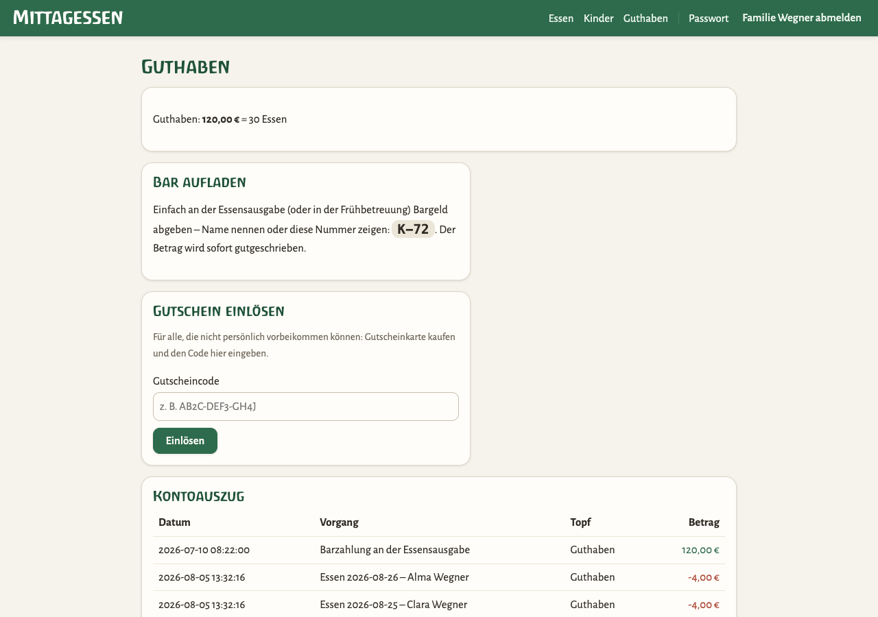 Guthabenseite mit Kassennummer, Gutscheinfeld und Kontoauszug